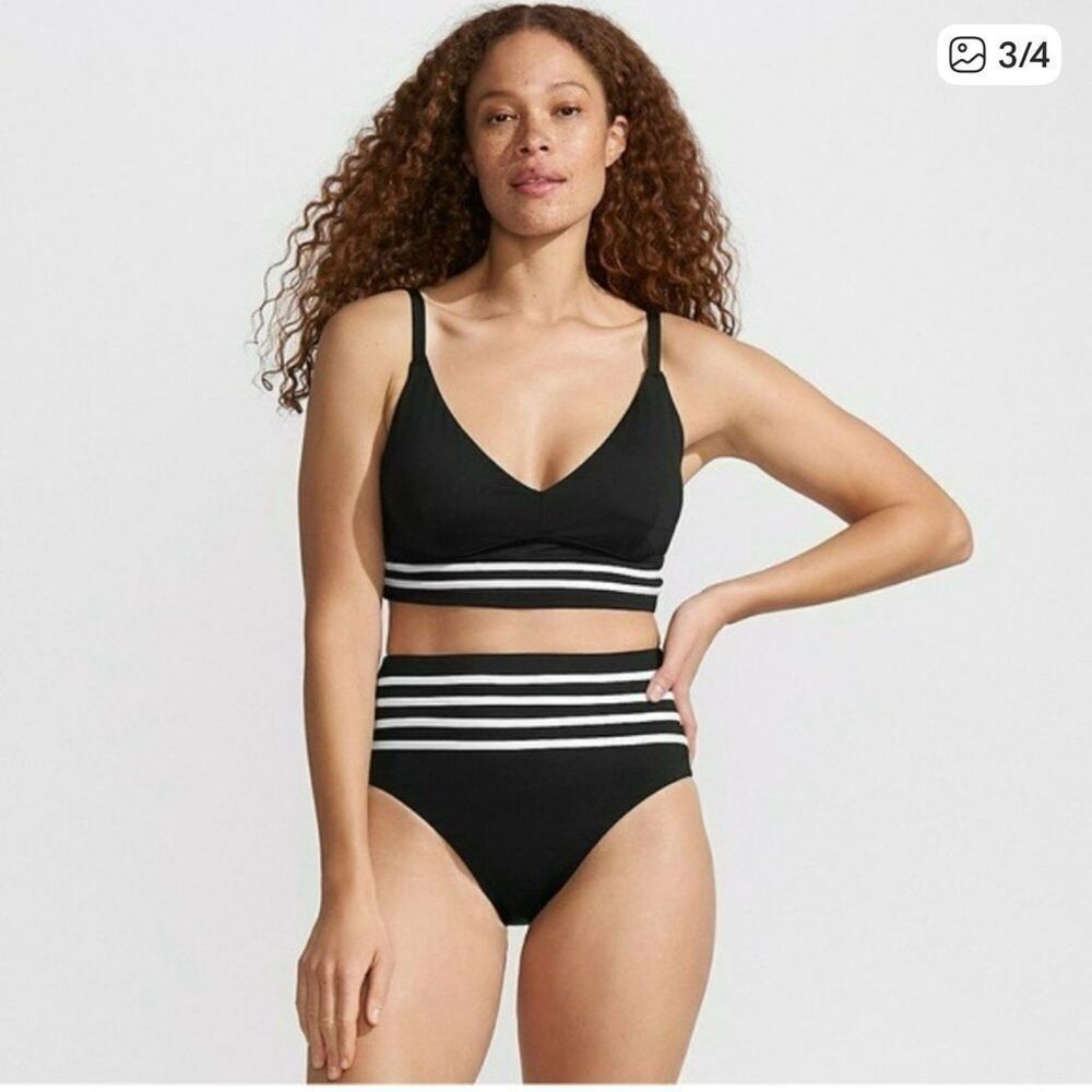 Land's End V Neck underwire bikini, top adjustable straps black white stripe Var
